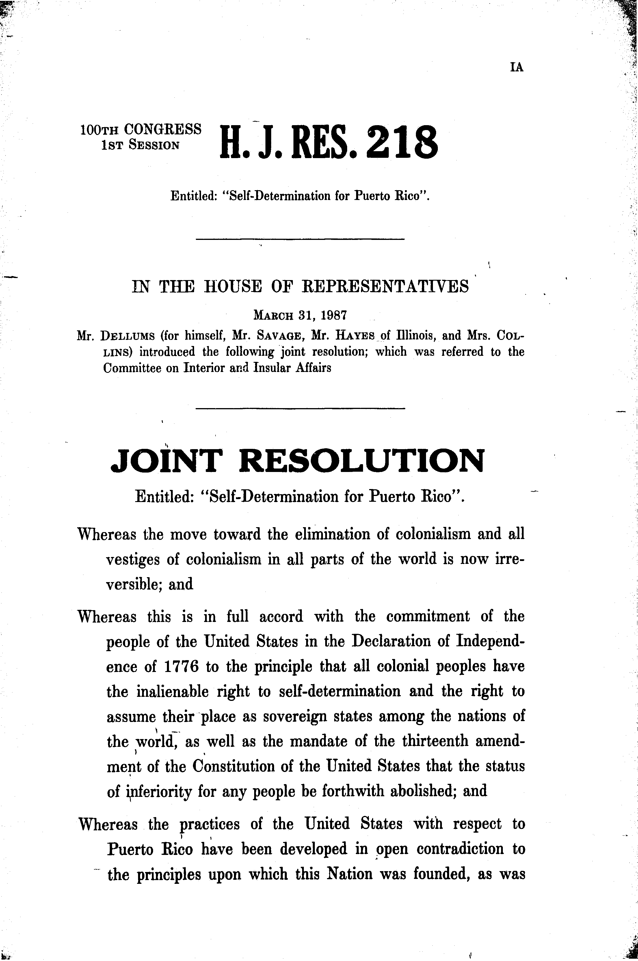 100th Congress - H.J.Res.218