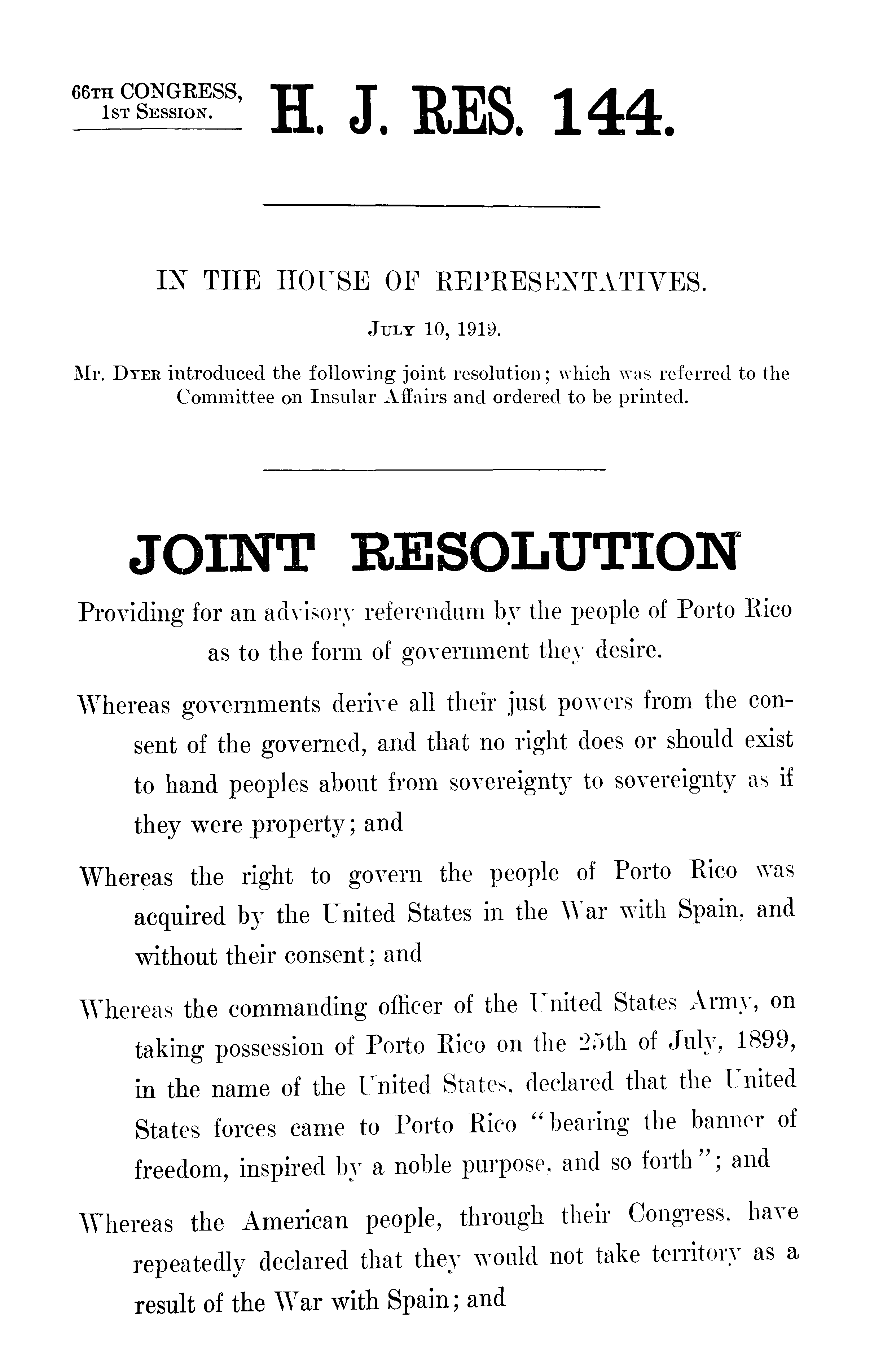 66th Congress - H.J.Res.144