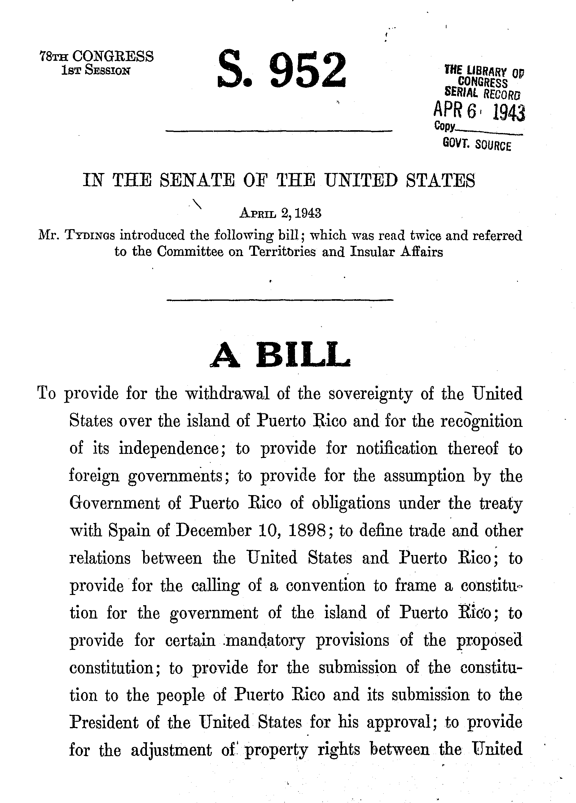 78th Congress - S.952